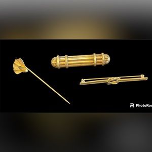 Women’s Vintage Gold Genuine Tiger Eye Shell Stickpin and 2 Gold Bar Pins.